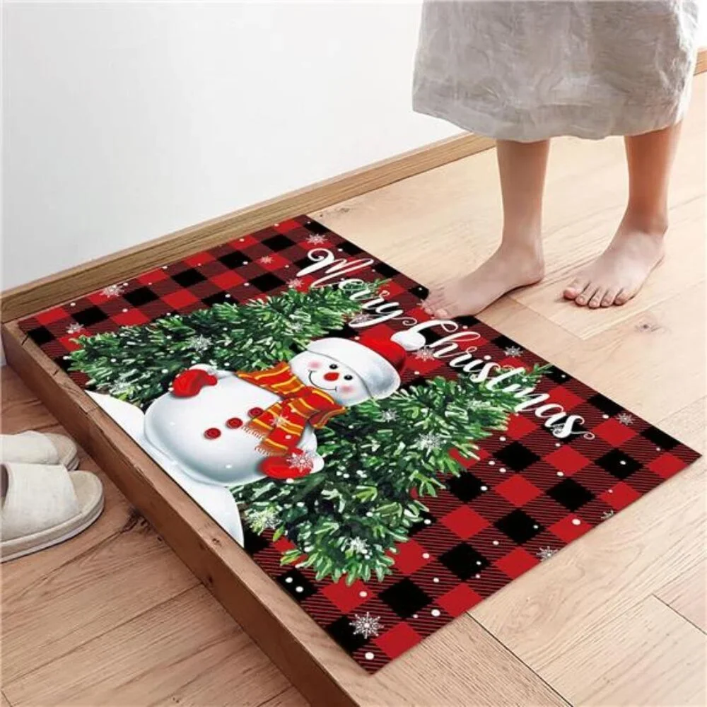 Snowman Trees Entrance Door Mat, Red Plaid Low Profile Tradition Christmas Decor